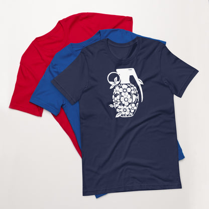 Navy crew-neck T-shirt with white floral grenade graphic on the front; red tee behind.