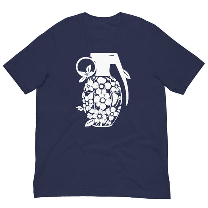 Navy crew-neck T-shirt with white floral grenade graphic on the front.