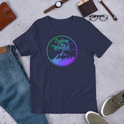 Navy short-sleeve T-shirt with circular “Explore the World” logo and mountain graphic.