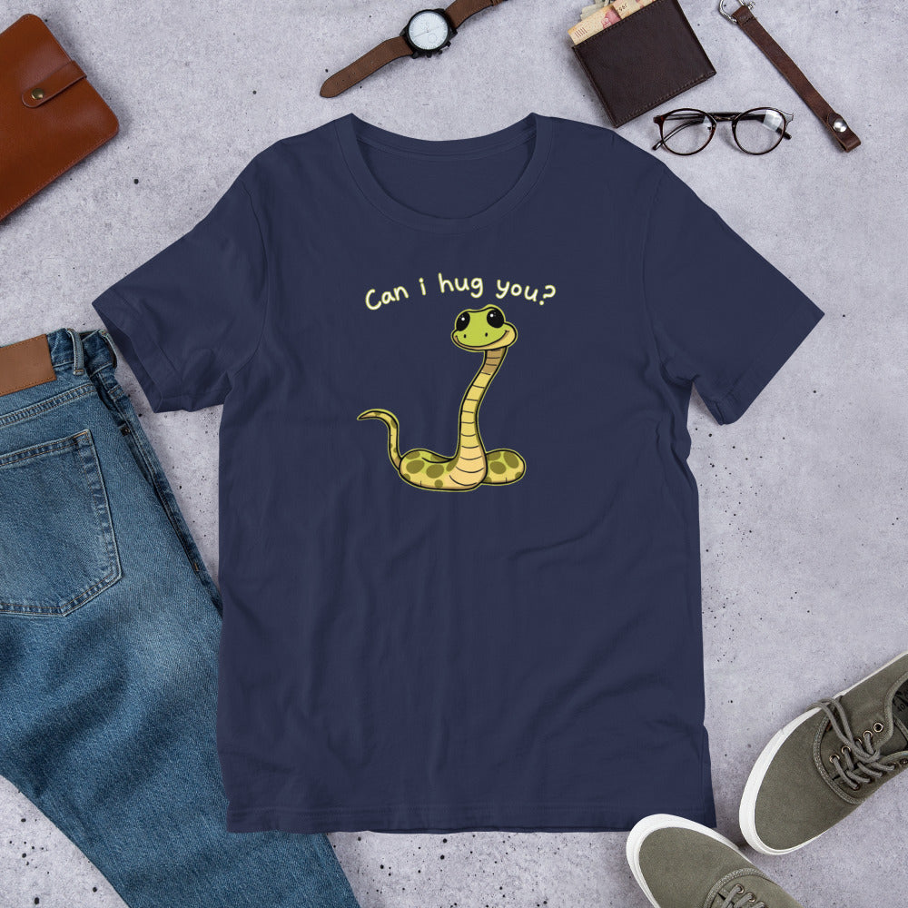Navy crewneck T-shirt with yellow snake hug graphic on front