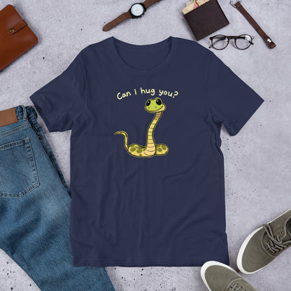 Navy crewneck T-shirt with yellow snake hug graphic on front