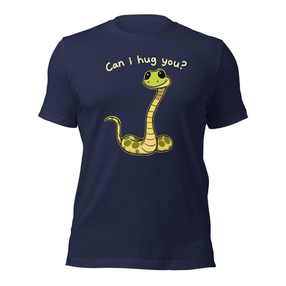 Navy snake graphic T-shirt with “Can I hug you?” on back