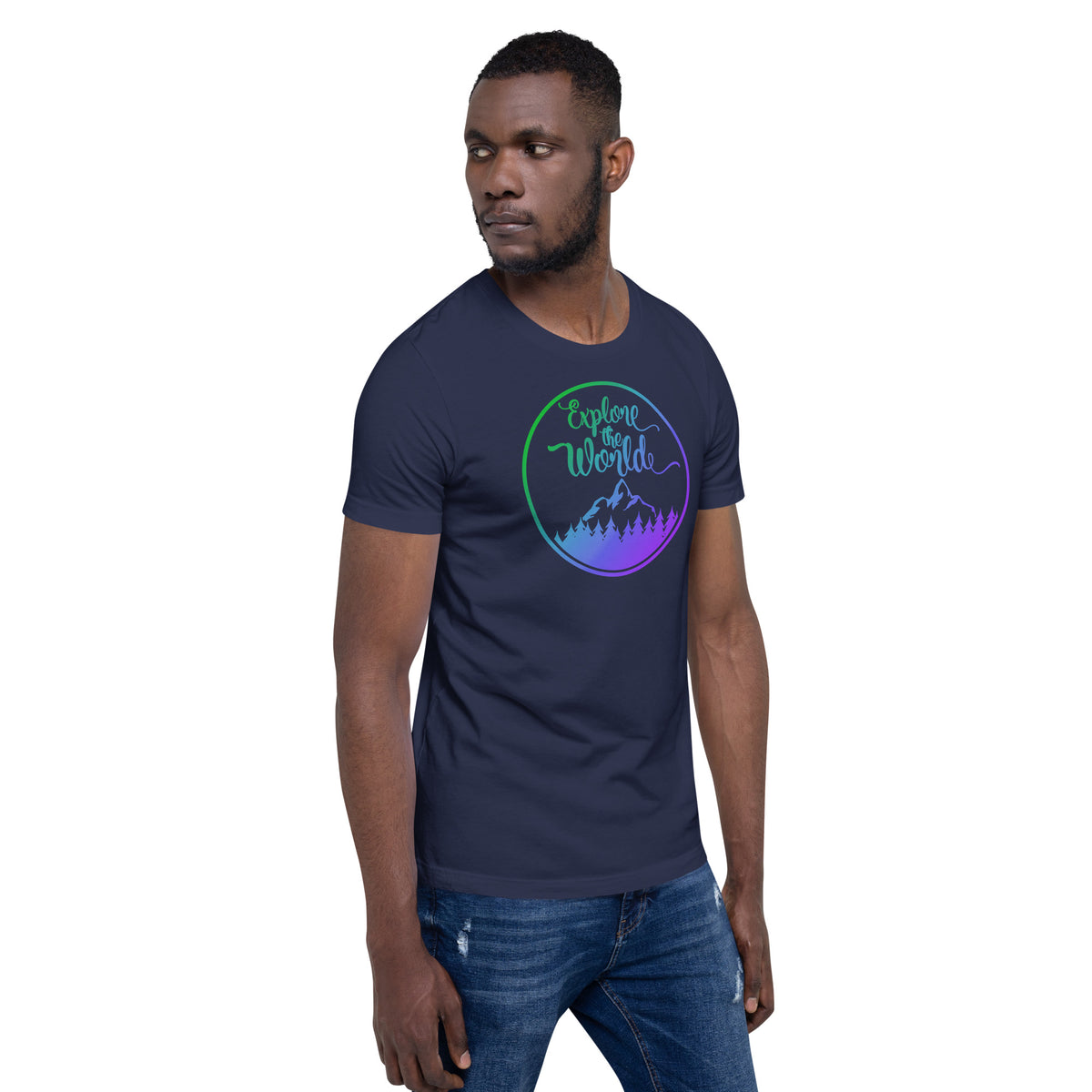 Navy short-sleeve T-shirt with circular “Explore the World” logo and mountain graphic.
