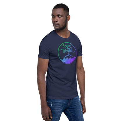 Navy short-sleeve T-shirt with circular “Explore the World” logo and mountain graphic.
