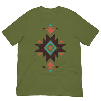 Olive green T-shirt with distressed Aztec star pattern graphic on the chest