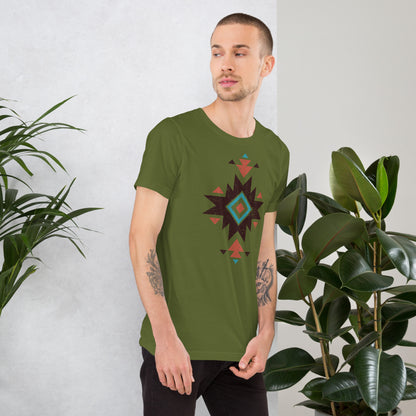 Olive Aztec distressed pattern T-shirt with short sleeves and crew neck