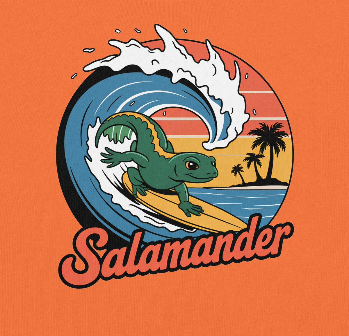 Orange t-shirt with salamander surf wave circle logo graphic on the chest