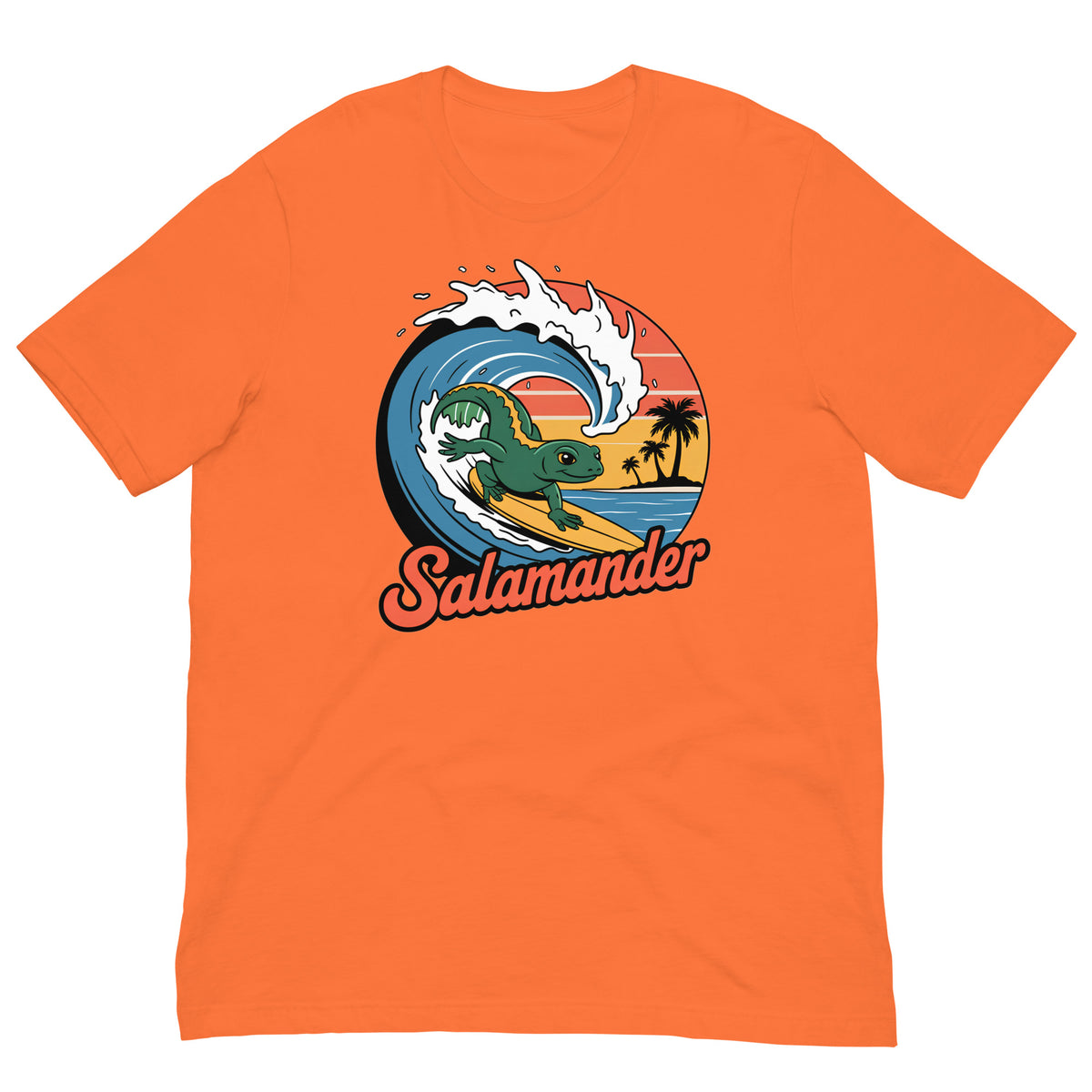 Orange short-sleeve T-shirt with circular salamander surfing graphic on the front
