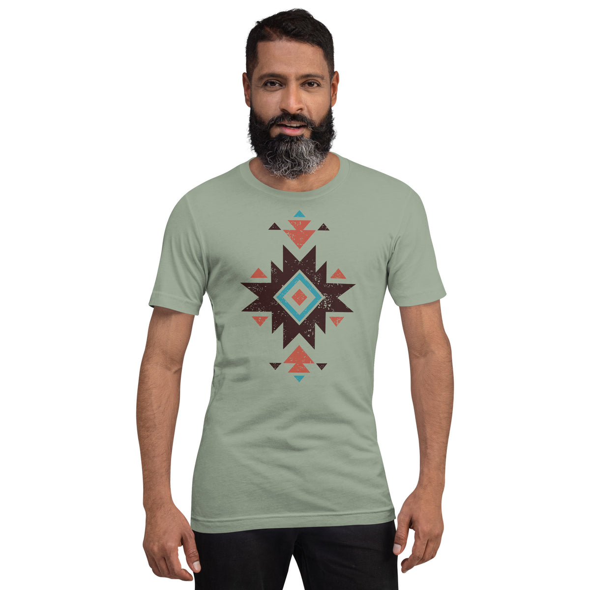 Sage green Aztec distressed pattern T-shirt with short sleeves and crew neck