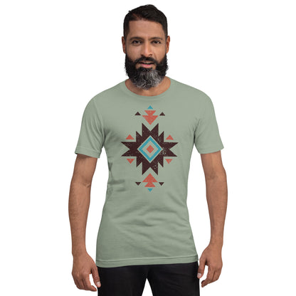 Sage green Aztec distressed pattern T-shirt with short sleeves and crew neck