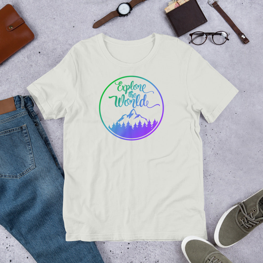 White Explore the World T-shirt with circular mountain graphic