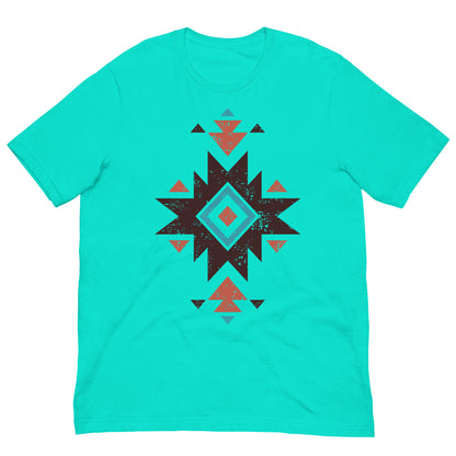 Aqua blue T-shirt with distressed Aztec star pattern graphic on the chest