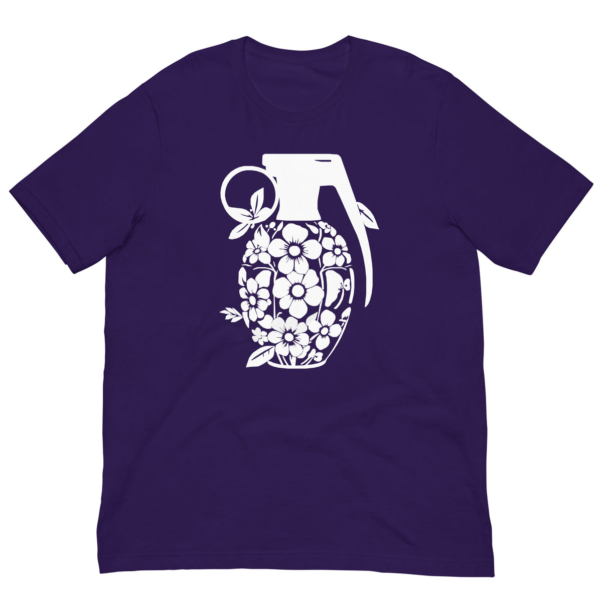 Purple crew-neck T-shirt with white floral grenade graphic on the front.