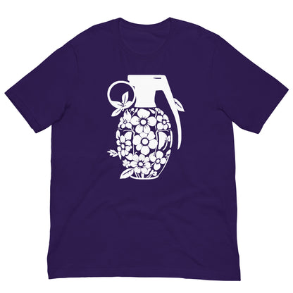 Purple crew-neck T-shirt with white floral grenade graphic on the front.