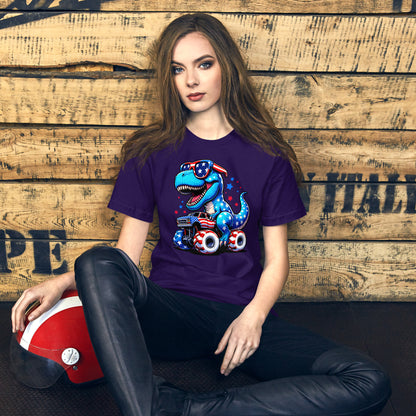 Purple T-shirt with graphic of a roaring T-rex riding a monster truck