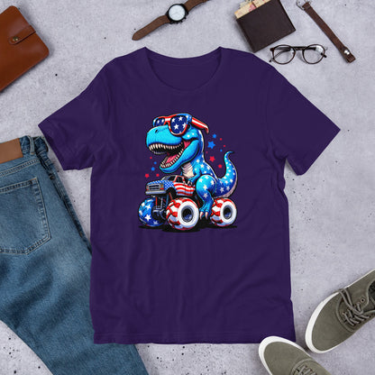 Dark purple T-shirt with graphic of a roaring T-rex riding a monster truck