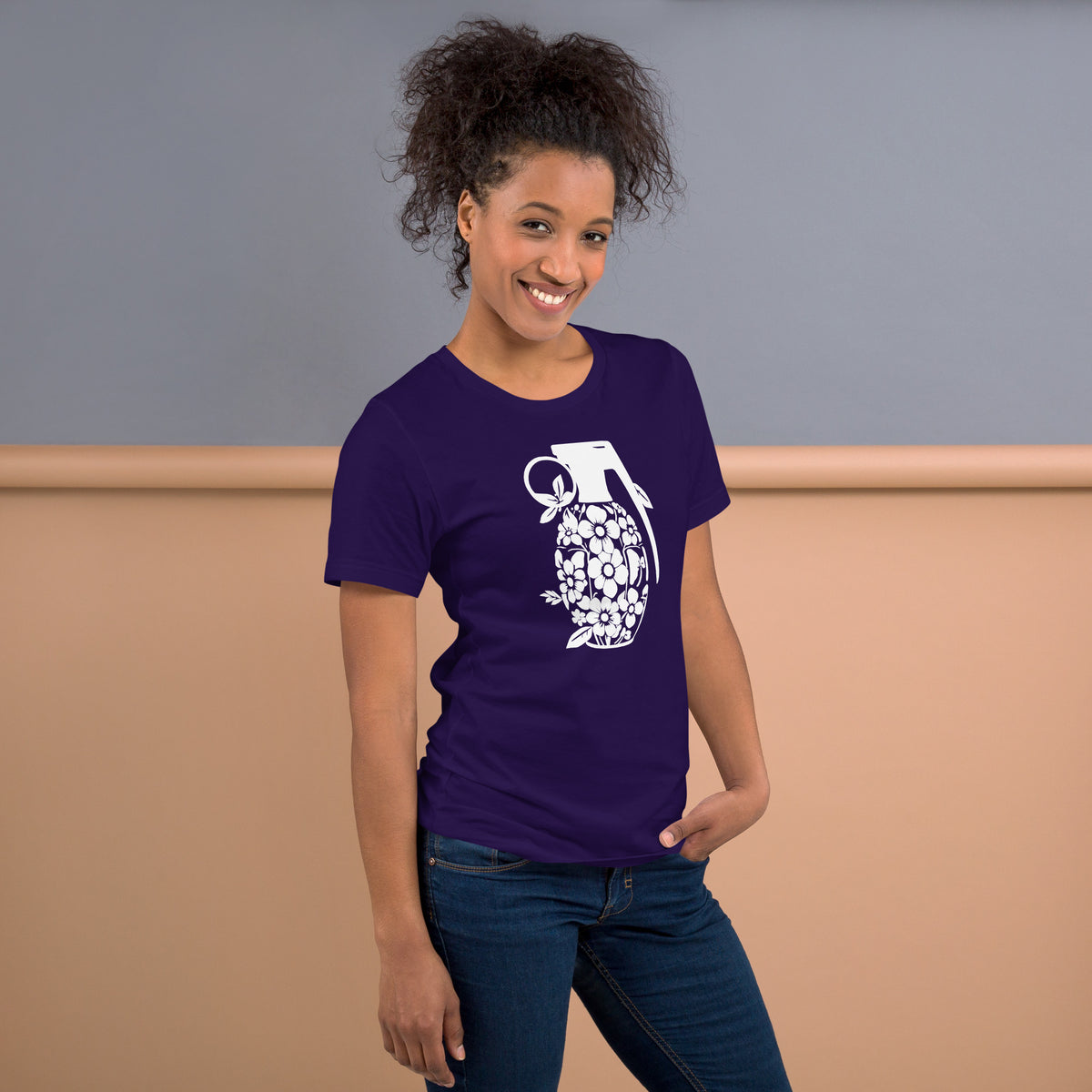Purple crew-neck T-shirt with white floral grenade graphic on the front.