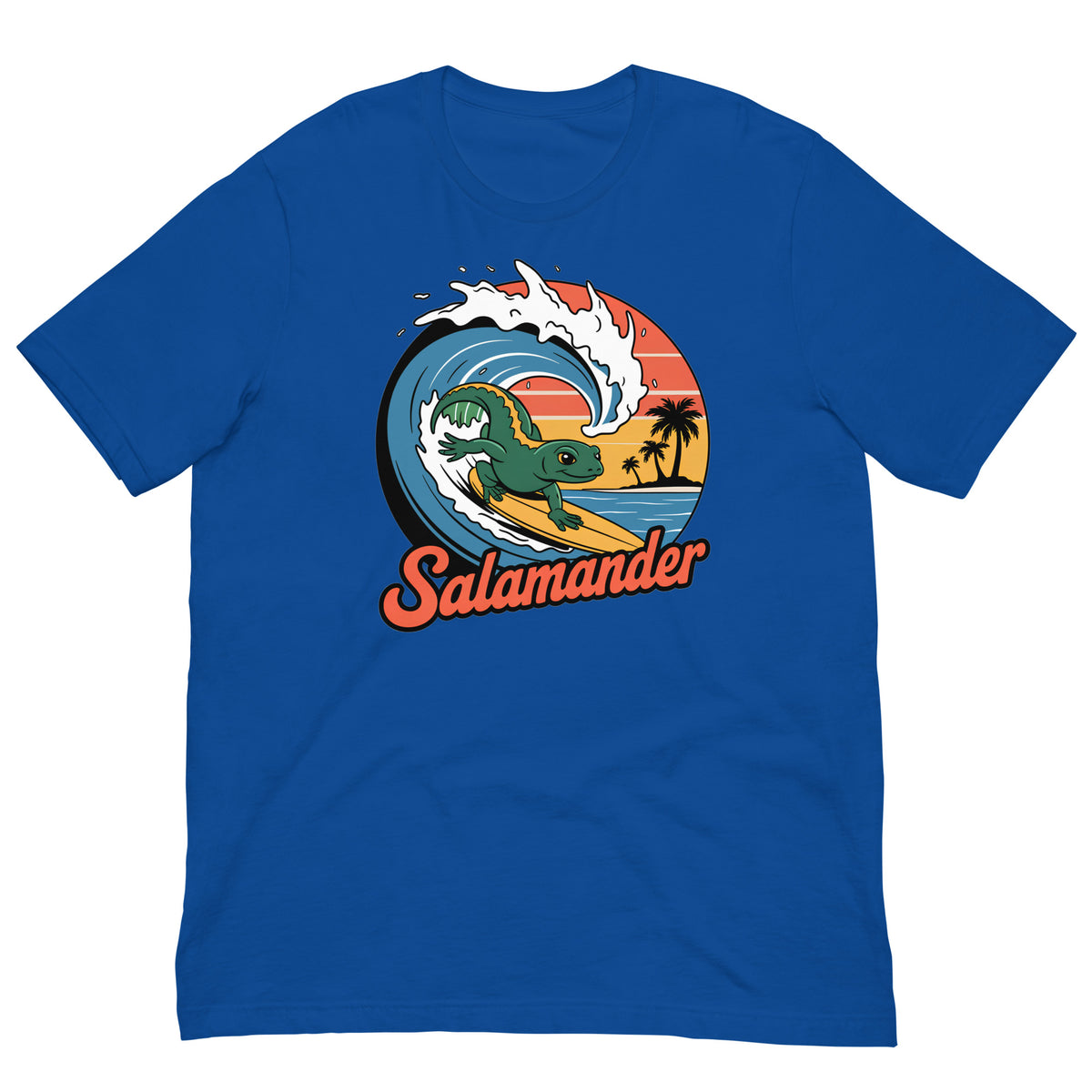 Blue t-shirt with salamander surf graphic and wave circle print on chest