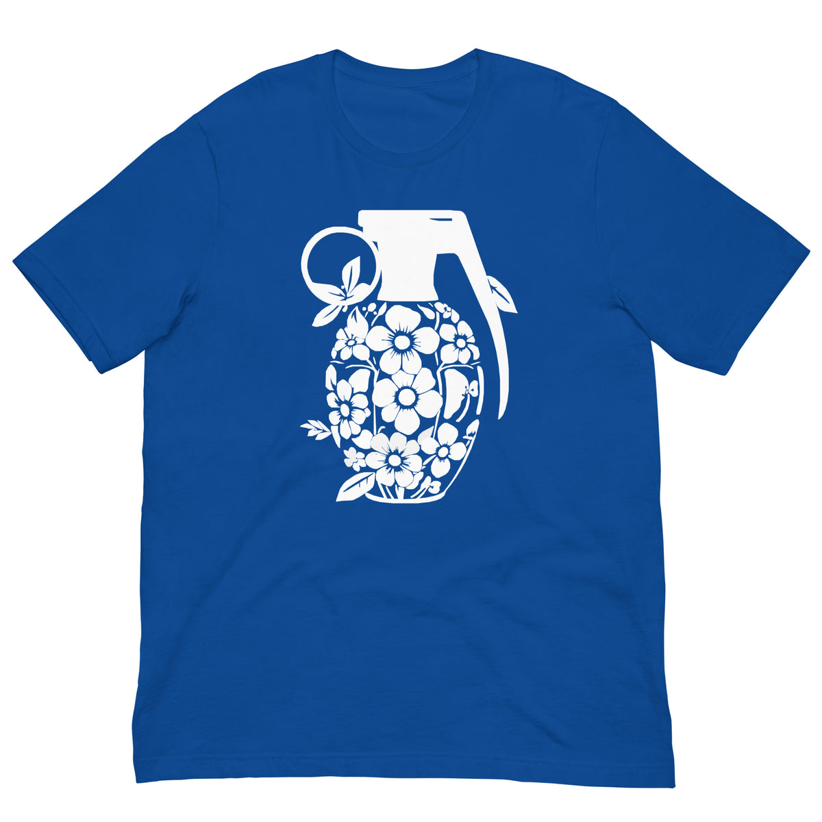 Royal blue graphic T-shirt with white floral grenade front print