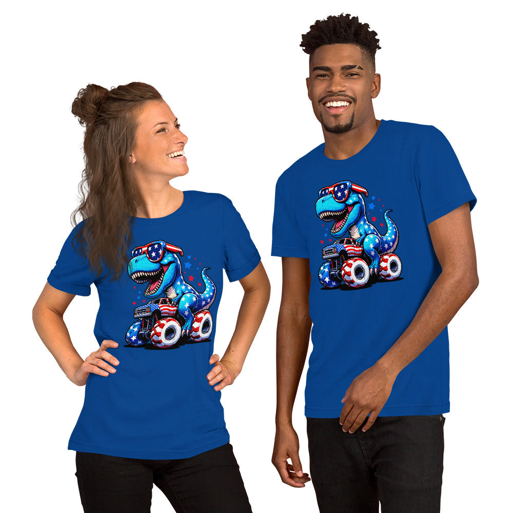Blue T-shirt with graphic of a roaring T-rex riding a monster truck