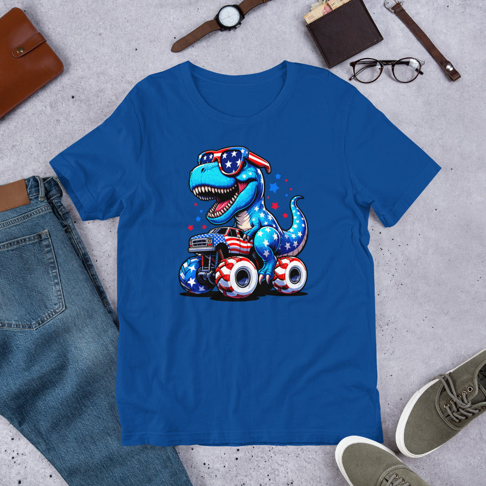 Blue T-shirt with T-Rex riding a monster truck graphic on front