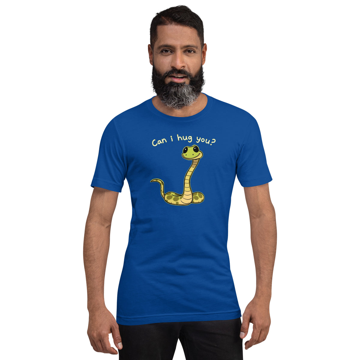 Royal blue crewneck T-shirt with yellow snake hug graphic on front
