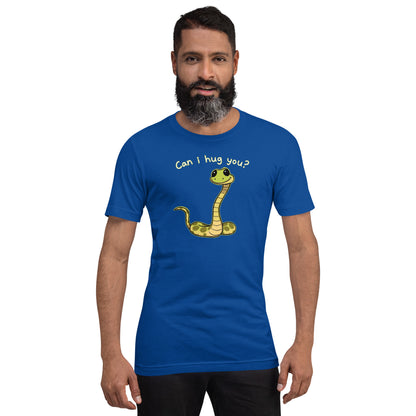 Royal blue crewneck T-shirt with yellow snake hug graphic on front