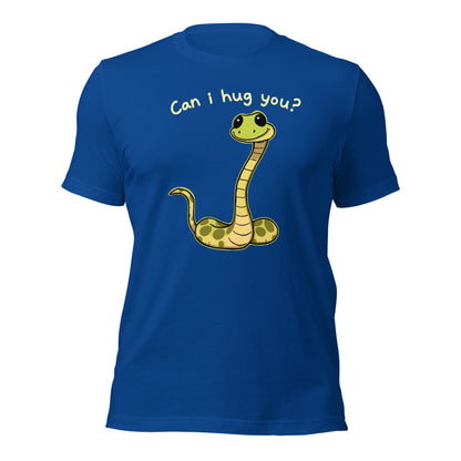 True royal blue snake graphic T-shirt with “Can I hug you?” on back