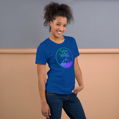 Blue short-sleeve T-shirt with circular “Explore the World” logo and mountain graphic.