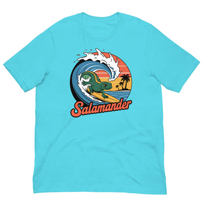 Turquoise short-sleeve T-shirt with circular salamander surfing graphic on the front
