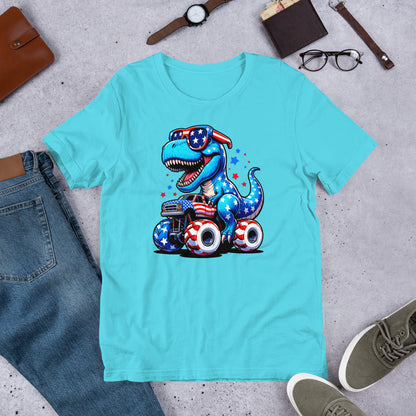 Turquoise T-shirt with T-Rex riding a monster truck graphic on front
