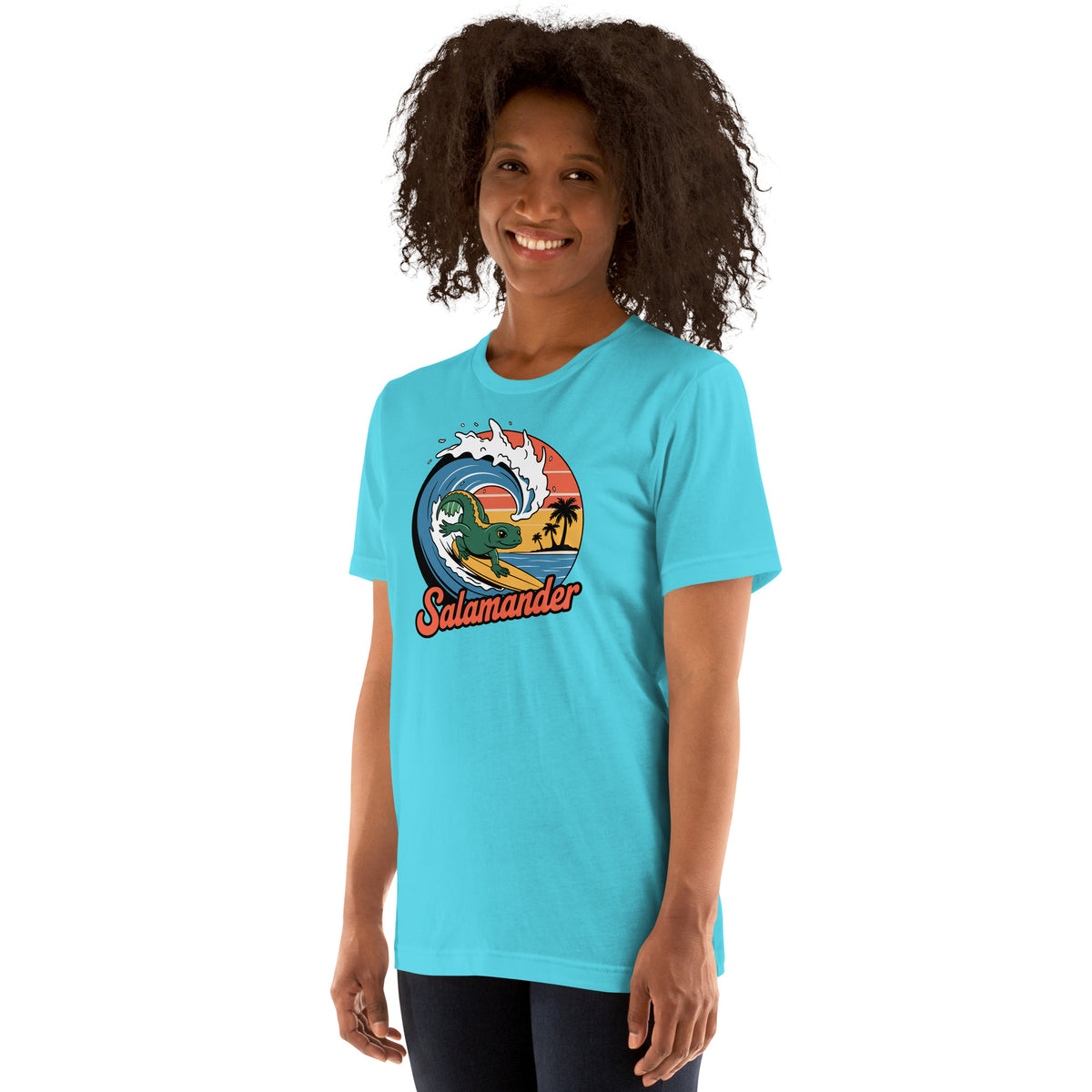 Teal t-shirt with salamander surf wave circle logo graphic on the chest