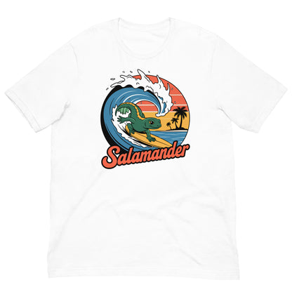 White short-sleeve T-shirt with circular salamander surfing graphic on the front
