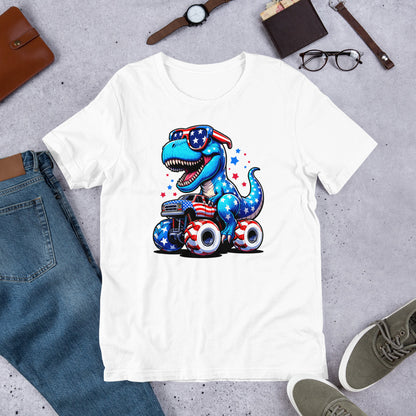 White T-shirt with T-Rex riding a monster truck graphic on front