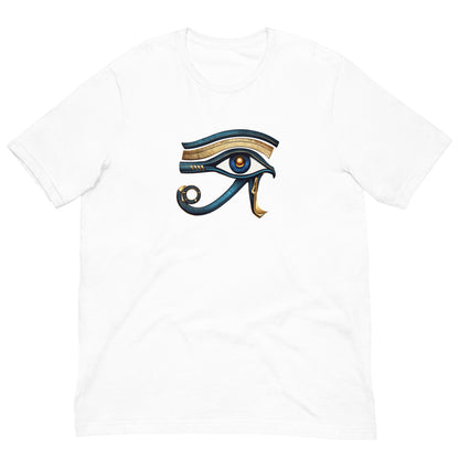White T-shirt with stylized eye graphic in blue and gold on front