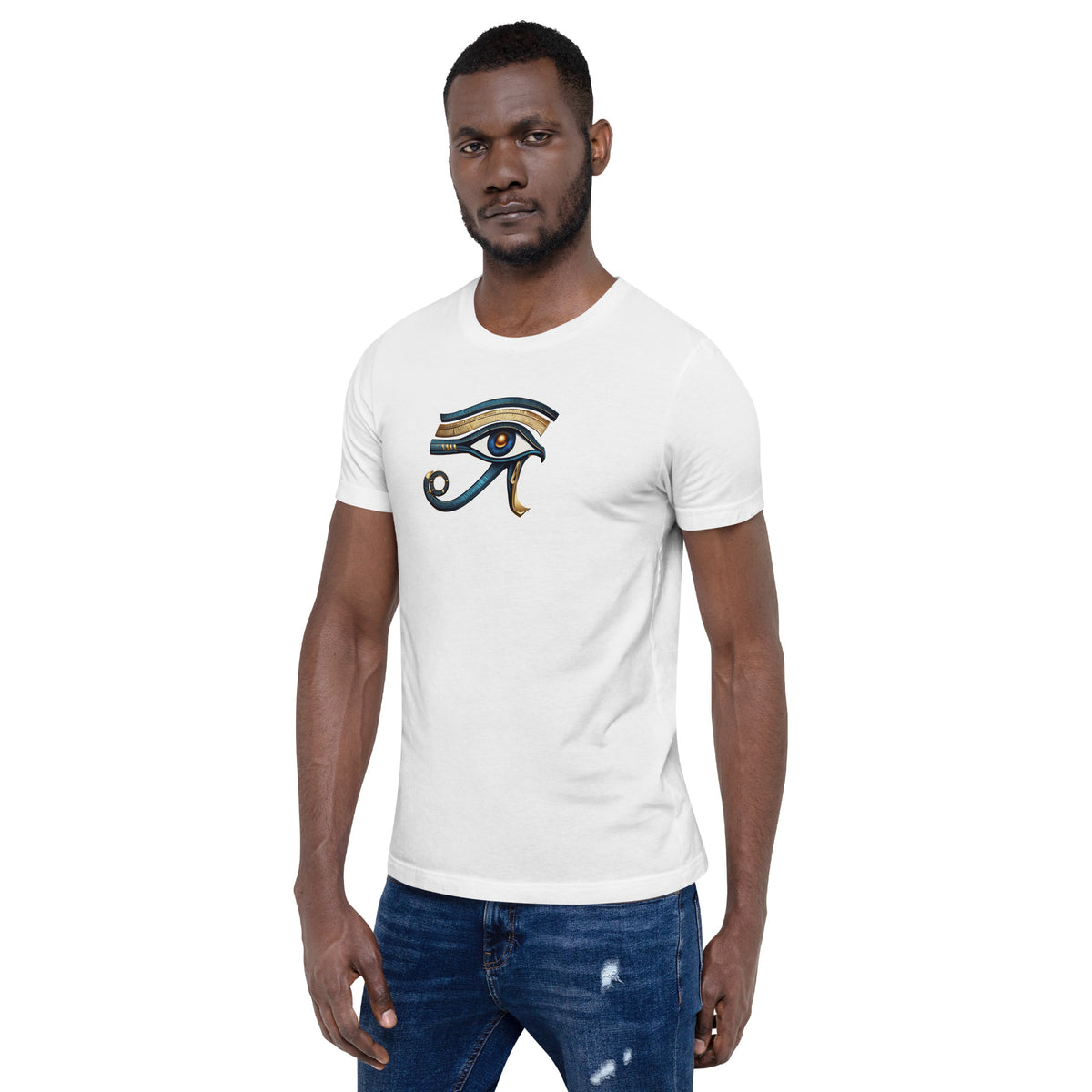 White T-shirt with colorful Eye of Horus graphic on the chest