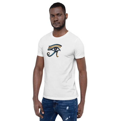 White T-shirt with colorful Eye of Horus graphic on the chest