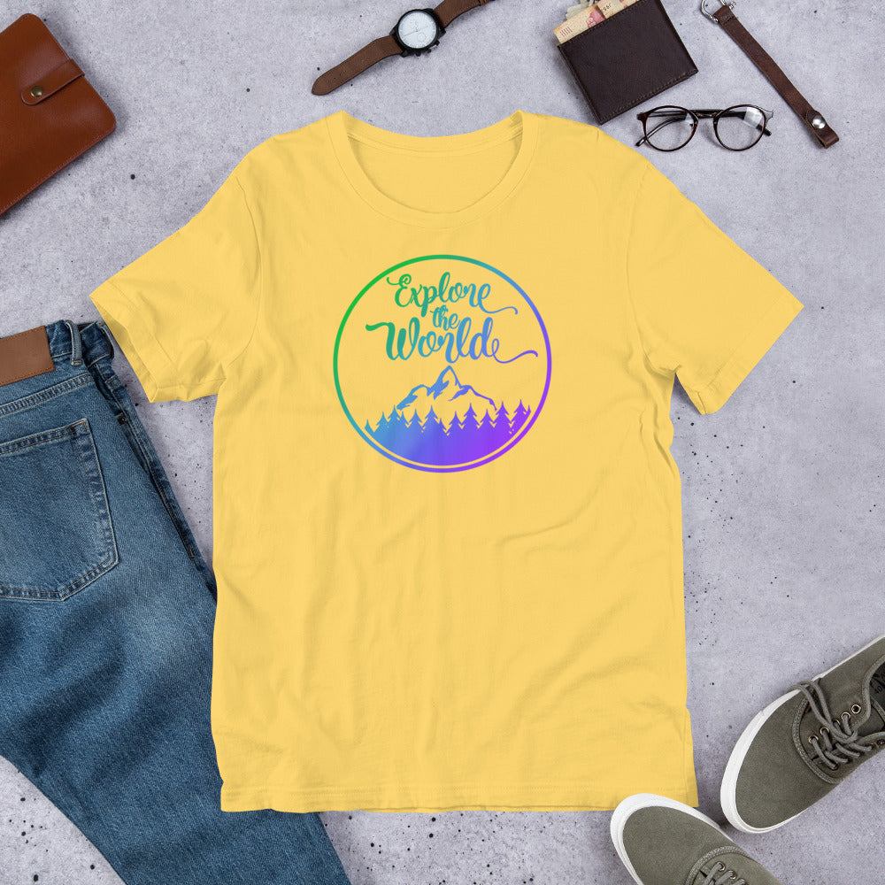 Yellow Explore the World T-shirt with circular mountain graphic in green and purple