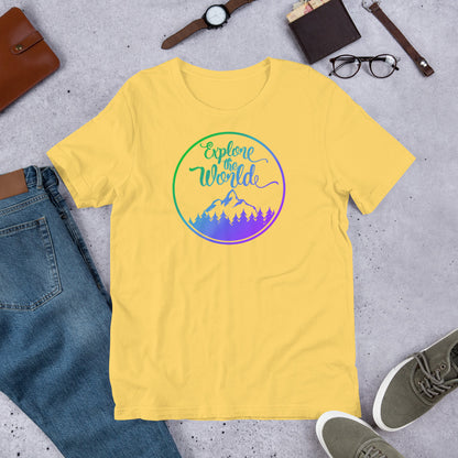 Yellow Explore the World T-shirt with circular mountain graphic in green and purple