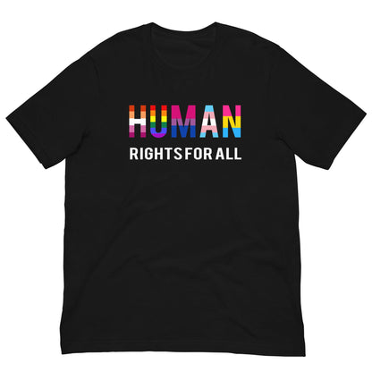 Black T-shirt with “HUMAN RIGHTS FOR ALL” rainbow graphic on the chest