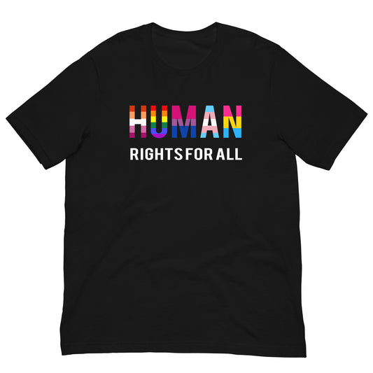 Black T-shirt with “HUMAN RIGHTS FOR ALL” rainbow graphic on the chest