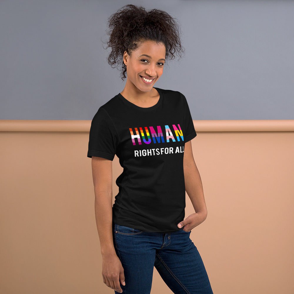Black T-shirt with “HUMAN RIGHTS FOR ALL” rainbow graphic on the chest