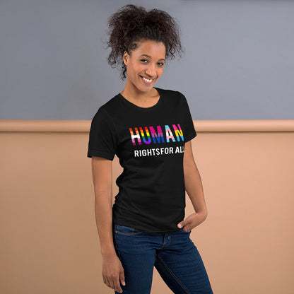 Black T-shirt with “HUMAN RIGHTS FOR ALL” rainbow graphic on the chest