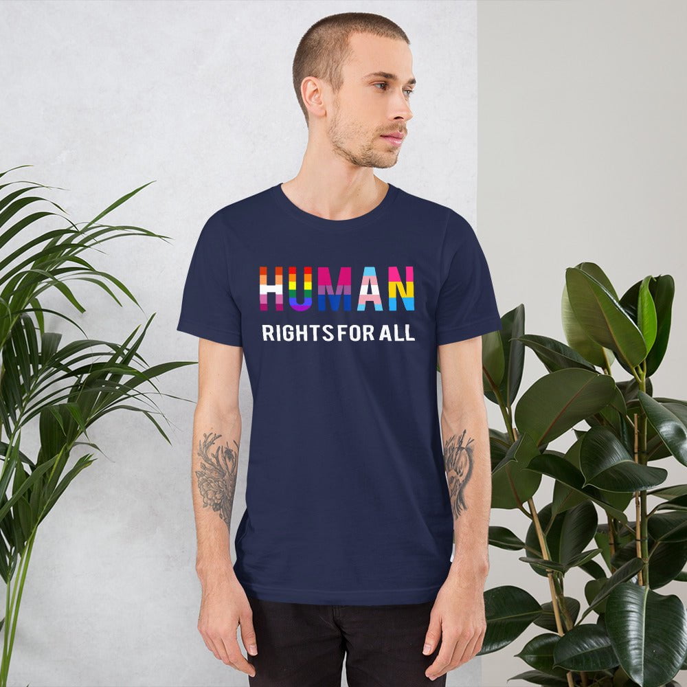 Navy T-shirt with “HUMAN RIGHTS FOR ALL” rainbow graphic on the chest