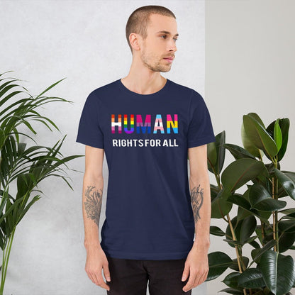 Navy T-shirt with “HUMAN RIGHTS FOR ALL” rainbow graphic on the chest
