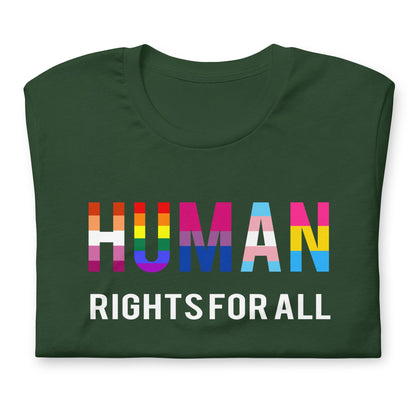 Forest green T-shirt with “HUMAN RIGHTS FOR ALL” rainbow graphic on the chest