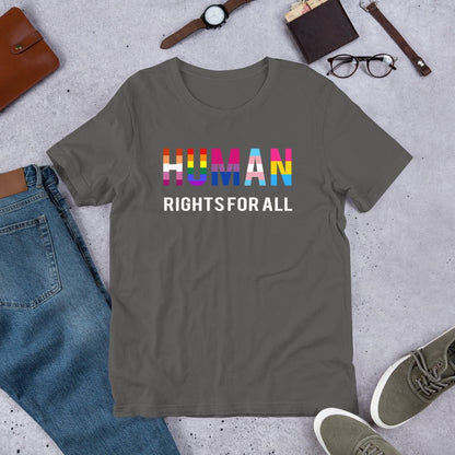 Gray T-shirt with “HUMAN RIGHTS FOR ALL” rainbow graphic on the chest