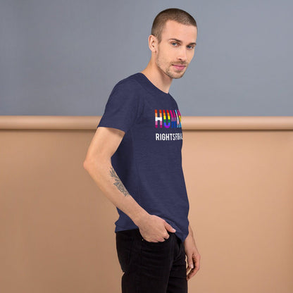 Dark navy T-shirt with “HUMAN RIGHTS FOR ALL” rainbow graphic on the chest