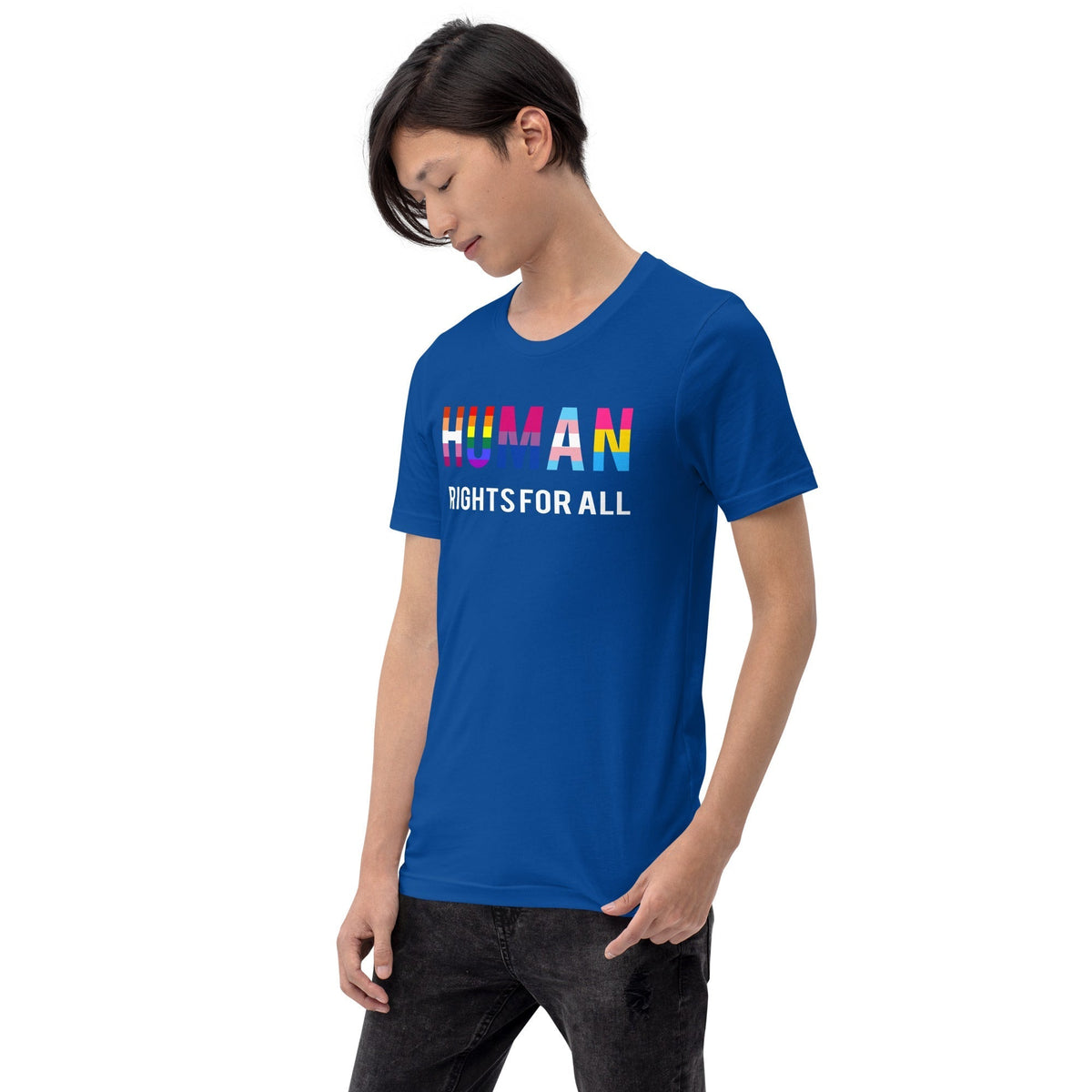 Royal blue T-shirt with “HUMAN RIGHTS FOR ALL” rainbow graphic on the chest