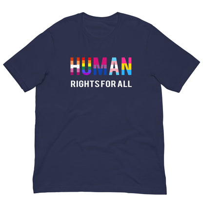 Navy T-shirt with “HUMAN RIGHTS FOR ALL” rainbow graphic on the chest